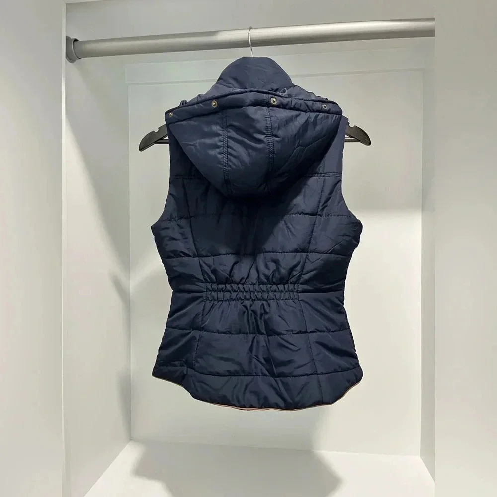 PRINCE & FOX navy puffer vest zip snaps removable fur trim hood pockets Small